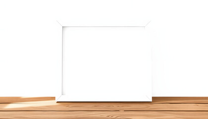 Naklejka premium Minimal white empty frame mockup on wooden tabletop isolated with white highlights, png