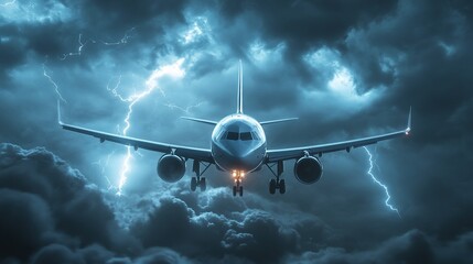 Plane flies amidst large dark storm clouds carrying lightning