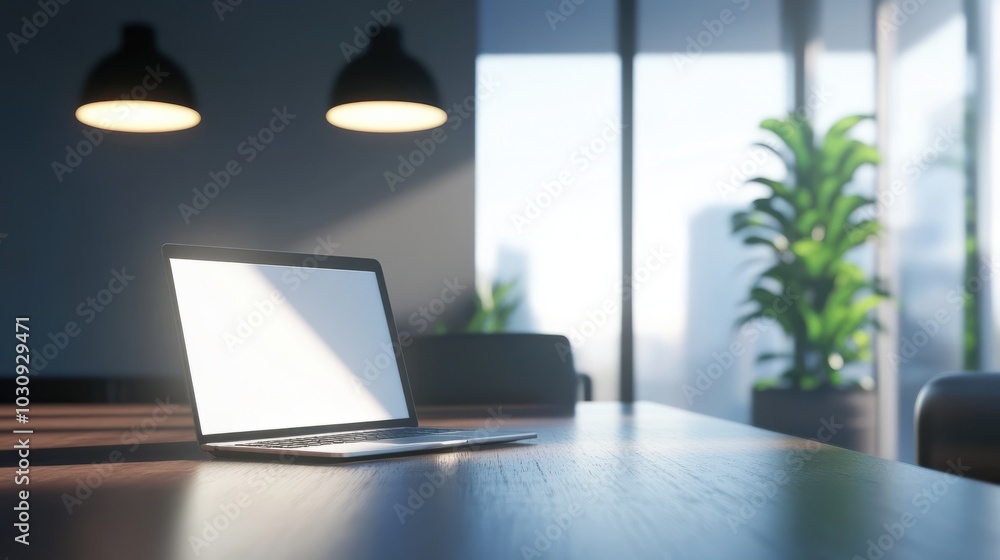 Poster laptop computer with opened lid on table in meeting room of office workspace.