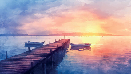 Obraz premium Pier with Boats on Lake Against Background of Sunrise Watercolor Background Illustration Featuring Tranquil Water Reflections Scenic Landscape Early Morning Serenity