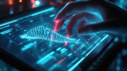 Medicine doctor touching electronic medical record on tablet. DNA. Digital healthcare and network connection on hologram modern virtual screen interface, medical technology and futuristic concept.