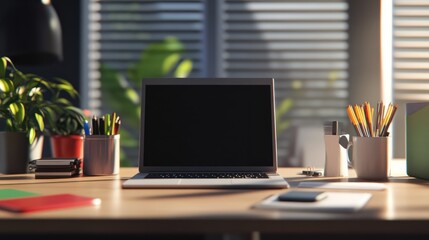 Fototapeta premium Modern workplace with laptop computer, coffee cup and office supplies