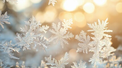 Beautiful frosted snowflakes on a glass surface with a warm golden background.