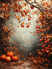 Pumkins lying on a countryside path covered by fall foliage with a alley of apple trees framing the scene, in the background, fall scene