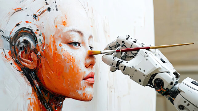 Robotic hand with paintbrush, artistic autoportrait