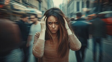 Panic attack in public place. Woman having panic disorder in city. Psychology, solitude, fear or mental health problems concept. Depressed sad person surrounded by people walking in busy street.