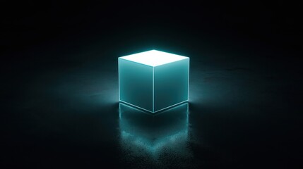 A glowing cube illuminated against a dark background, reflecting light on the surface.