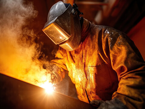 A welder with a protective mask fusing metal pieces together in a factory