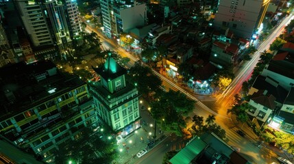 Obraz premium A Bird's Eye View of a City Intersection at Night