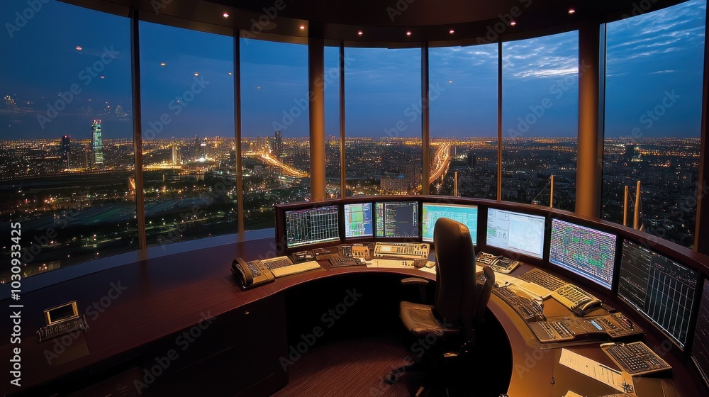 Poster nighttime view of city from a high-rise office with desk and monitors
