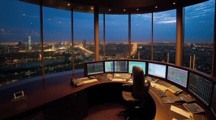 Fototapeta premium Nighttime View of City from a High-Rise Office with Desk and Monitors