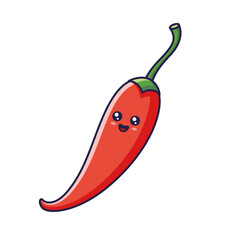 Cute Kawaii chili pepper cartoon icon illustration. Food vegetable flat icon concept isolated on white background. Chili pepper character, mascot in Doodle style.