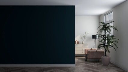 Wall mockup in a modern living room with interior decoration. 3D rendering, interior design, 3D illustration