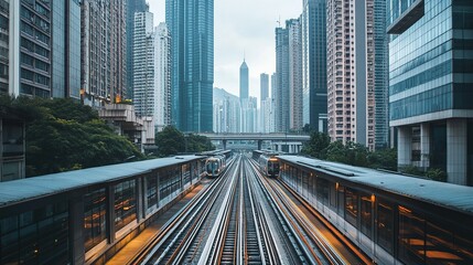 Obraz premium Metro rail system in the middle of a modern city with skyscrapers