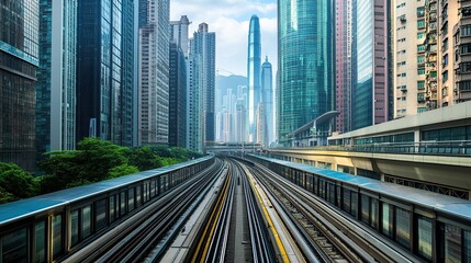 Obraz premium Metro rail system in the middle of a modern city with skyscrapers