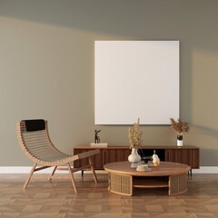 Square frame mockup in a comfortable living room and interior decoration. 3D rendering, interior design, 3D illustration