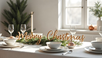 Fototapeta premium Minimalist Christmas Dinner Table with Merry Christmas 3D Text