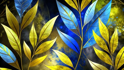 Golden and blue leaves create an elegant backdrop with intricate patterns and vibrant colors in a striking abstract design. Generative AI