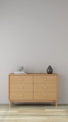 Wall mockup of a living room with sideboard and decoration. 3D rendering, interior design, 3D illustration
