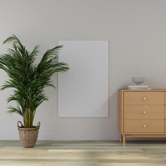 Vertical frame mockup in a living room with sideboard and decoration. 3D rendering, interior design, 3D illustration