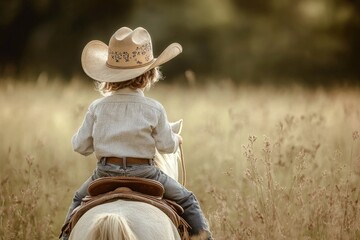 Little cowboy riding a horse in sunlit field with straw hat and western attire