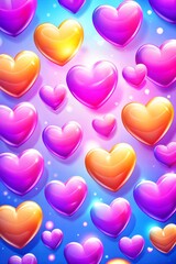 A lively arrangement of hearts in various shades of purple and orange floats against a vibrant blue backdrop, radiating joy and playfulness. Generative AI