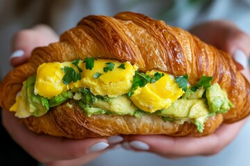 Delicious croissant loaded with scrambled eggs and avocado in hands