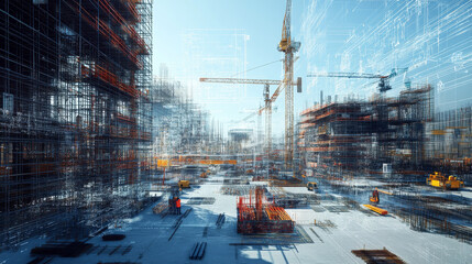 Digital technology integrated into a construction site, presented in a wide-angle view ideal for banners or advertisements.