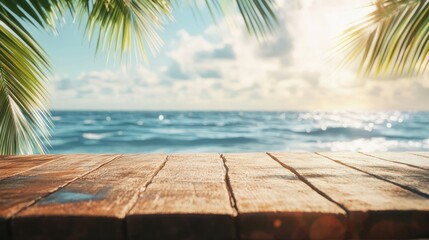 Top of wood table with seascape and palm leaves, blur bokeh light of calm sea and sky at tropical beach background. Empty ready for your product display montage. summer vacation background concept.