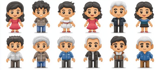 Obraz premium Animated family cartoon characters. Mother and father, son and daughter, grandparents and uncles. Relationships and parenthood concept with modern flat cartoon graphics.