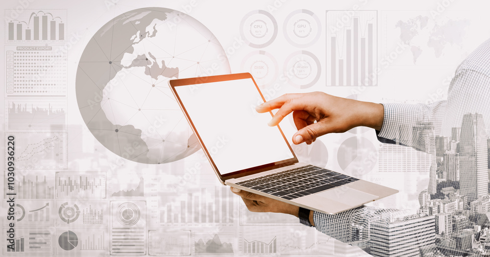Poster data analysis for business and finance concept. interface showing future computer technology of prof