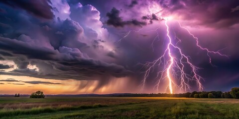Panoramic view of lightning strike in field with purple sky and dark cloud