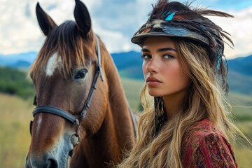 Fototapeta premium Woman with feathered hat beside horse in scenic landscape