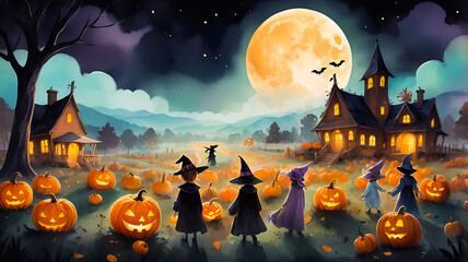 Fototapeta premium Dreamy Halloween festival illustrated in watercolor style.