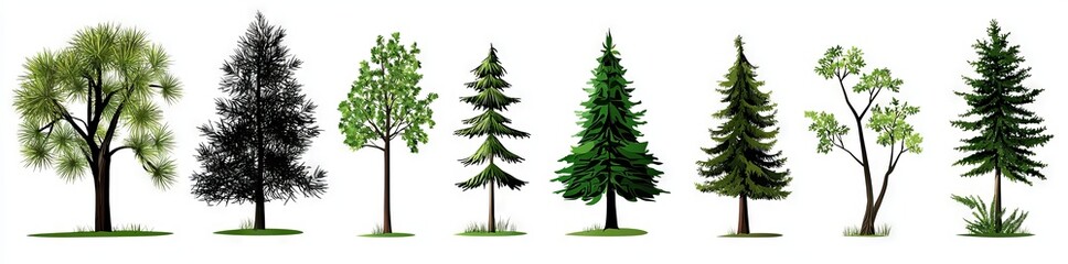 Obraz premium Wild coniferous trees hand-drawn in silhouette. Bunch of wild coniferous forest trees, firs, pines, mountain pines, ship pines composition of young fir trees, spruce forest.