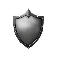 Shield shaped metal badge with rivets along the borders and a brushed steel finish isolated on transparent background 