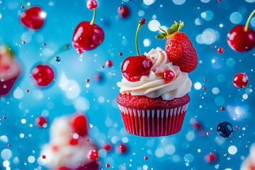 Tiny red velvet cupcakes topped with creamy frosting are playfully decorated with fresh cherries and strawberries, set against a striking blue backdrop, creating a delightful dessert scene