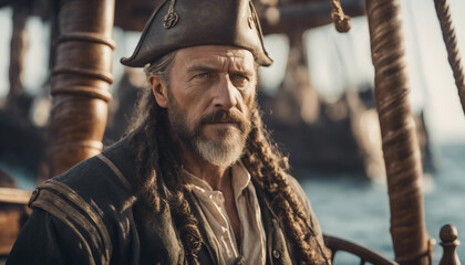 Obraz premium A close-up of a weathered pirate ship captain at the helm, exuding authority amid a bustling crew.