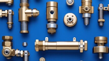 Assortment of Gold and Silver Metal Components on a Blue Background