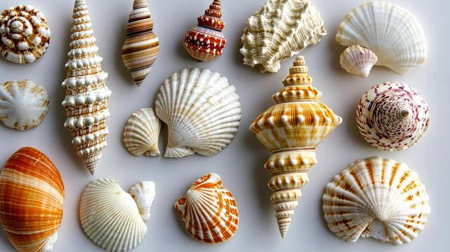 A collection of seashells of different shapes, sizes, and colors are displayed on a white surface