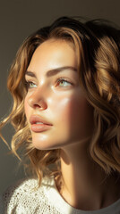 Fototapeta premium Side profile of a woman in harsh midday sunlight, with sharp shadows highlighting her facial structure. The intense light emphasizes her smooth skin and bold expression.