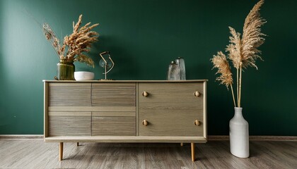 Commode with decor in living room interior, dark green wall mock up background, 3D render