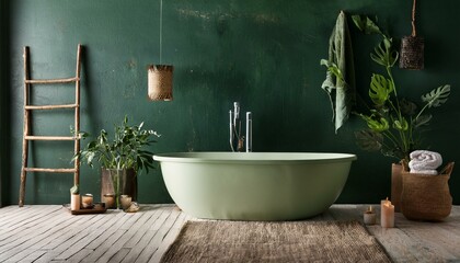 Fototapeta premium Dark green rustic bathroom, wall mock up, 3D render