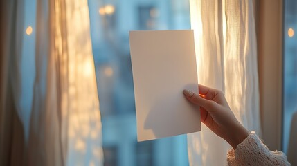 Close-up of woman's hand with painted nails holding white paper on glass window and curtain background