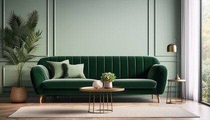 Home interior mock-up with green sofa, table and decor in living room, 3d render
