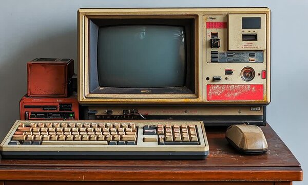 An old computer setup featuring a vintage monitor, keyboard, and peripherals on a wooden desk.