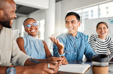 Business people, meeting and laugh in office with digital media management and group chat. Teamwork, conversation and online campaign launch and planning with laptop and diversity at startup