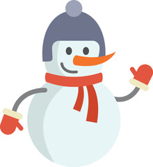 Friendly snowman wearing a red scarf and mittens waving hello