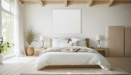 Light farmhouse bedroom interior background, 3d render