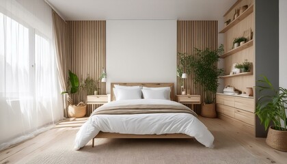 Light farmhouse bedroom interior background, 3d render